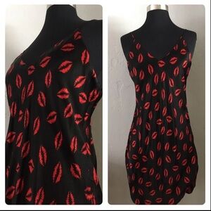 Vintage Magic Black and Red Lip Print Silk Slip Dress Sz L